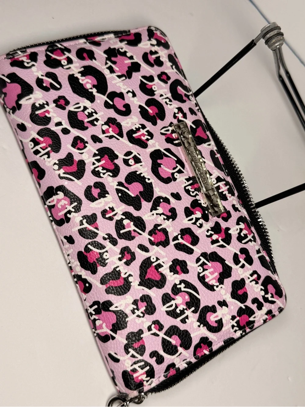 Betsey Johnson Pink & Black Leopard Print Zip-Around Wristlet Wallet